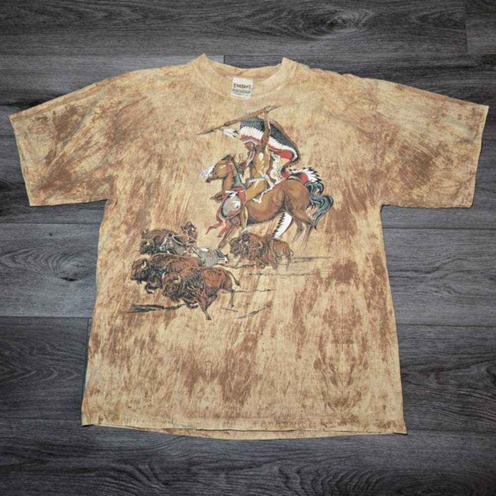 Vintage Ragtops Premium Native American Running Horses Hunting Buffalo‎ Sz L USA